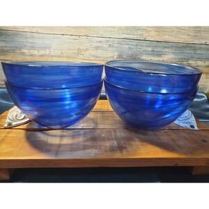Set of 4 Swirl Blue Colbalt Alabaster Glass Serving Bowls Decorative Accents